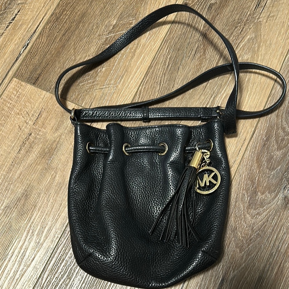 Michael Kors Black and Gold Crossbody Bag with Pebbled Leather